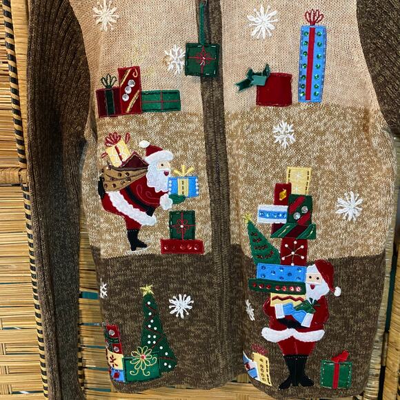 VTG Tiara International Santa Gifts Christmas zip Cardigan Sweater Medium Brown - Picture 5 of 7